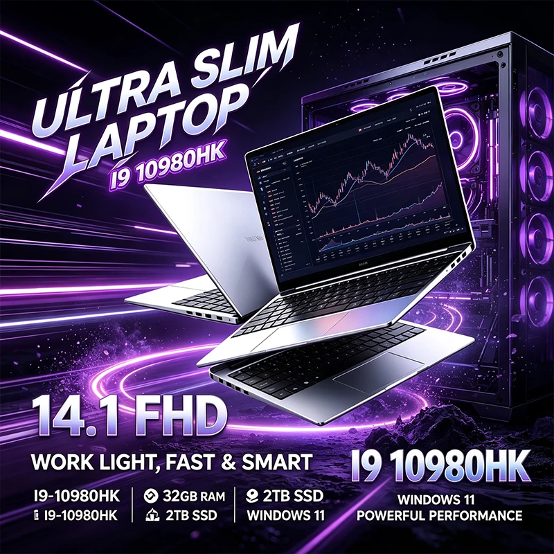 Laptop ultrafino de 14,1 polegadas, com processador Intel Core i9-10980HK, ecrã FHD de 120 Hz, 32 GB de RAM, 2 TB de armazenamento, teclado retroiluminado, Windows 11 e bateria de longa duração, ideal para uso no escritório.