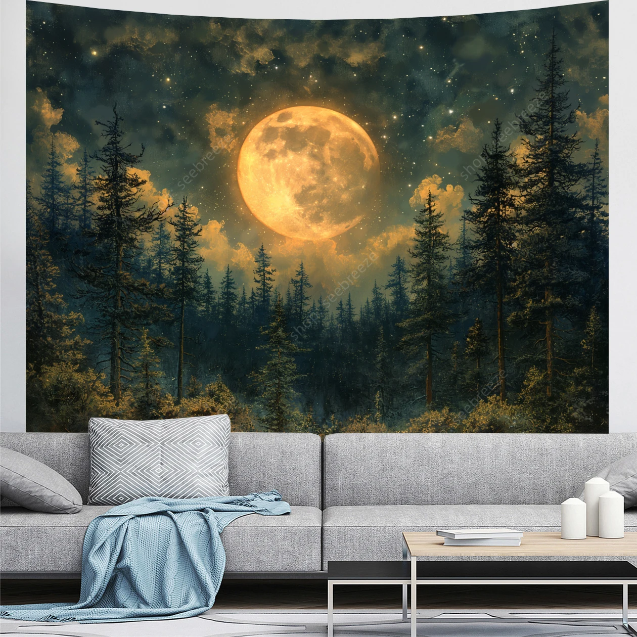 Moon Tapestry Psychedelic Forest Tree Tapestry Wall Hanging for Bedroom Ceiling Aesthetic Living Room College Dorm Hippie Decor