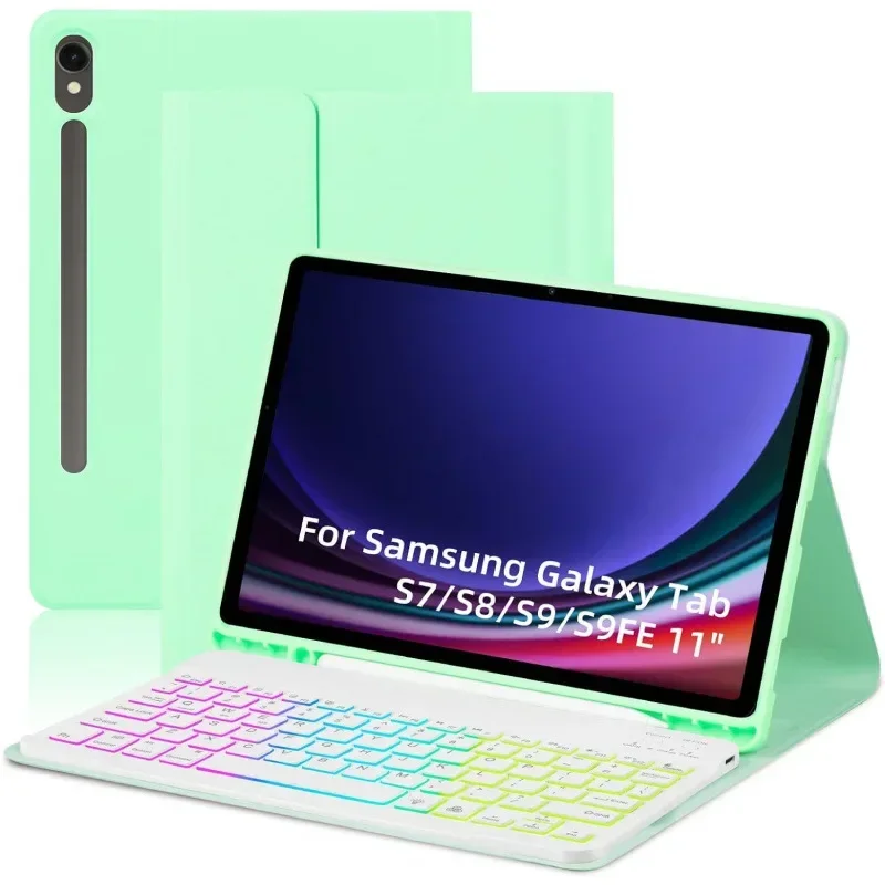 7 RGB Rainbow Backlit คีย์บอร์ดสําหรับ Samsung Galaxy Tab S7 S8 S9 S9FE 11 นิ้วไร้สายแยกบลูทูธคีย์บอร์ด Funda