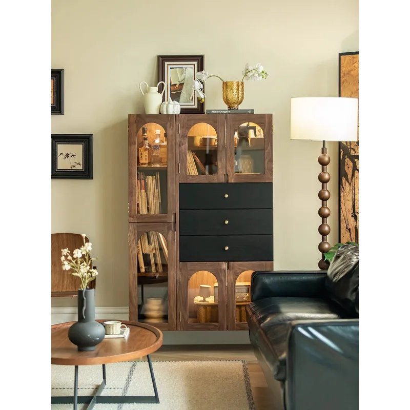 Black walnut French retro display bookcase, living room sofa side cabinet