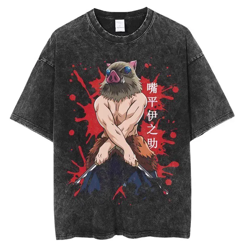 

Demon Slayer 2026 Summer Vintage Washed Cotton T Shirt Oversized Streetwear Inosuke Hashibira Boar Mask Dual Blades