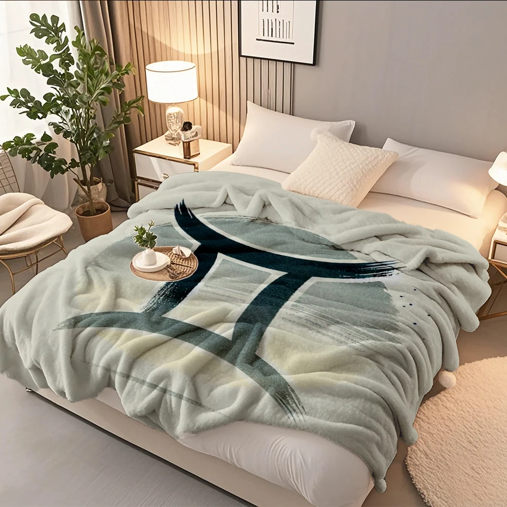 

Flannel Cozy Multi-use Blanket Gemini Zodiac Art Japandi Coastal Decorative Throw Travel Blanket Machine-washable Eco-friendly