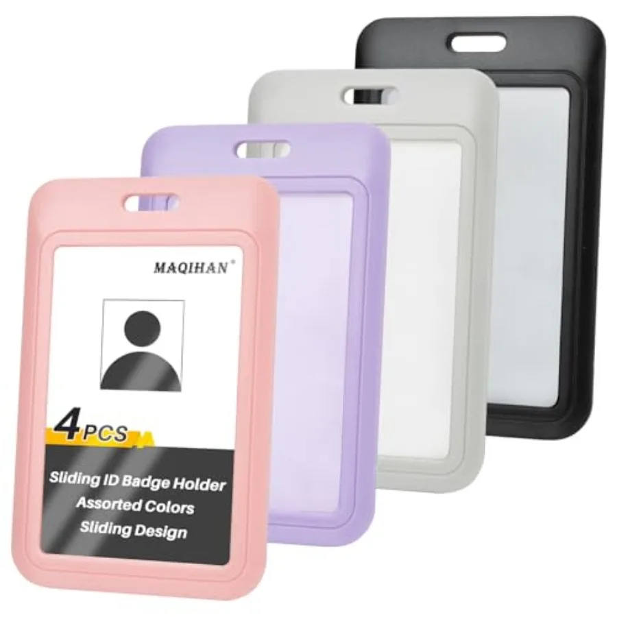 

Sliding Badge Holder - 4 Pack Sliding ID Badge Holder with Clear Window Hard Plastic Waterproof Assorted Colors Vertical Card P