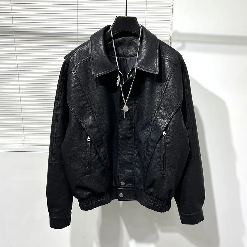 Autumn Dark Series Fashion Fake Two Pieces Loose Batwing Sleeve Vintage Leather Coat Men's Short Splicing Machine Coat