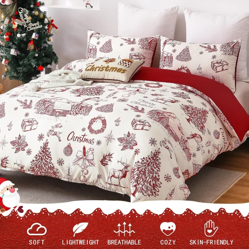 

3 Red Christmas Duvet Covers With reindeer, snowflakes, farmhouse, Soft Microfiber Including 2 Pillowcases