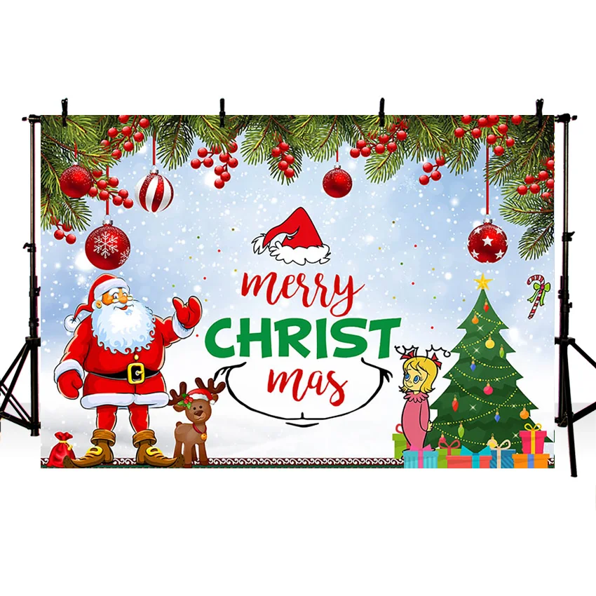 Christmas Themed Backdrop X-mas Family Party Photography Background Cartoon Santa Claus Fawn Squirrel Gift Decoration Poster