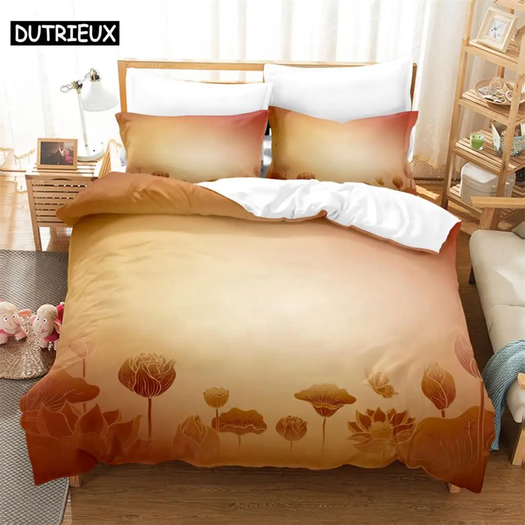 

3PCSLotus in the sunset Bedding Sets Home Bedclothes Super King Cover Pillowcase Comforter Textiles Bedding Set