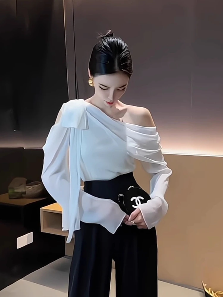 

Женская сексуальная футболка с косым вырезом и стримером, уличные сетчатые футболки, летние модные укороченные топы с открытыми плечами и длинными рукавами