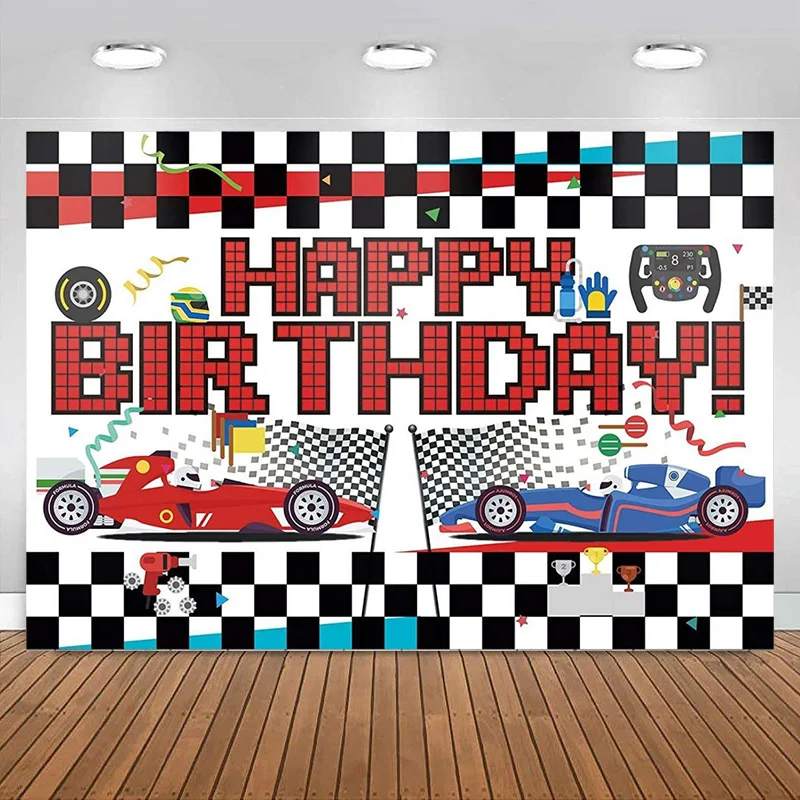 Race Car Theme Party Decorations Backdrop Happy Birthday Racing Checkered Flag Baby Kids Banner Photography Background Supplies