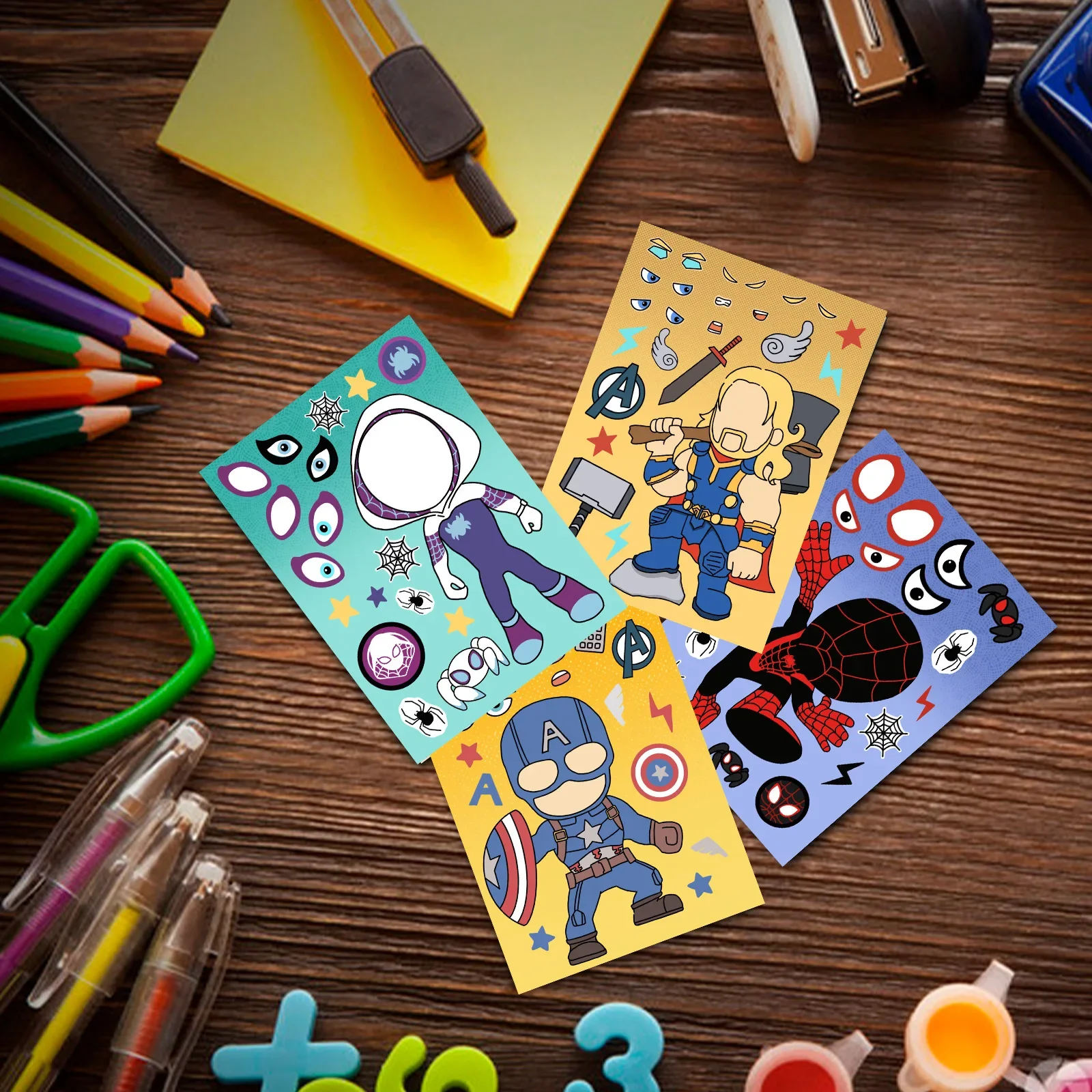 The Avengers Super Hero Puzzle Adesivos para Crianças, Marvel, Make Your Own DIY Game, Brinquedos Educativos para Crianças, Make A Face, 8 Folhas,