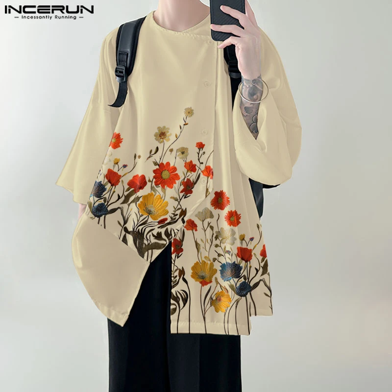 INCERUN Men Shirt Flower Printing O-neck Long Sleeve Button Irregular Shirts Streetwear 2024 Loose Fashion Casual Men Clothing