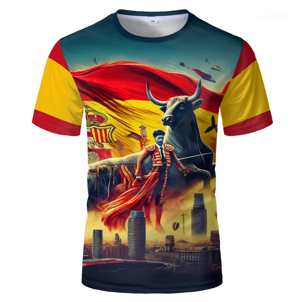 

mens clothing graphic T-shirt 3D digital Spanish flag print short sleeved loose breathable round neck top streetwear t shirt