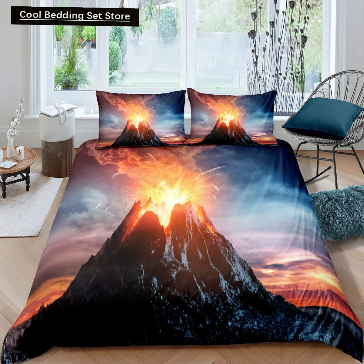 

Volcano King Queen Duvet Cover Volcanic Eruption Bedding Set Fire Mountain Comforter Cover Natural Scenery Polyester Quilt Cover