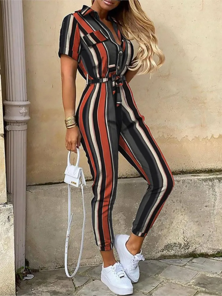 Summer Women\'s New Fashion Flip Collar Button Print Belt Lace Up Work Dress Casual Capris Jumpsuit Office