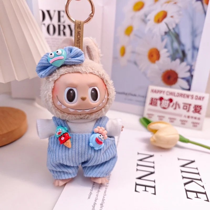 1 セット 17 センチメートル Labubu アイドル人形座っているパーティー甘いチューブオーバーオール服ギフトミニぬいぐるみ人形の服衣装アクセサリー