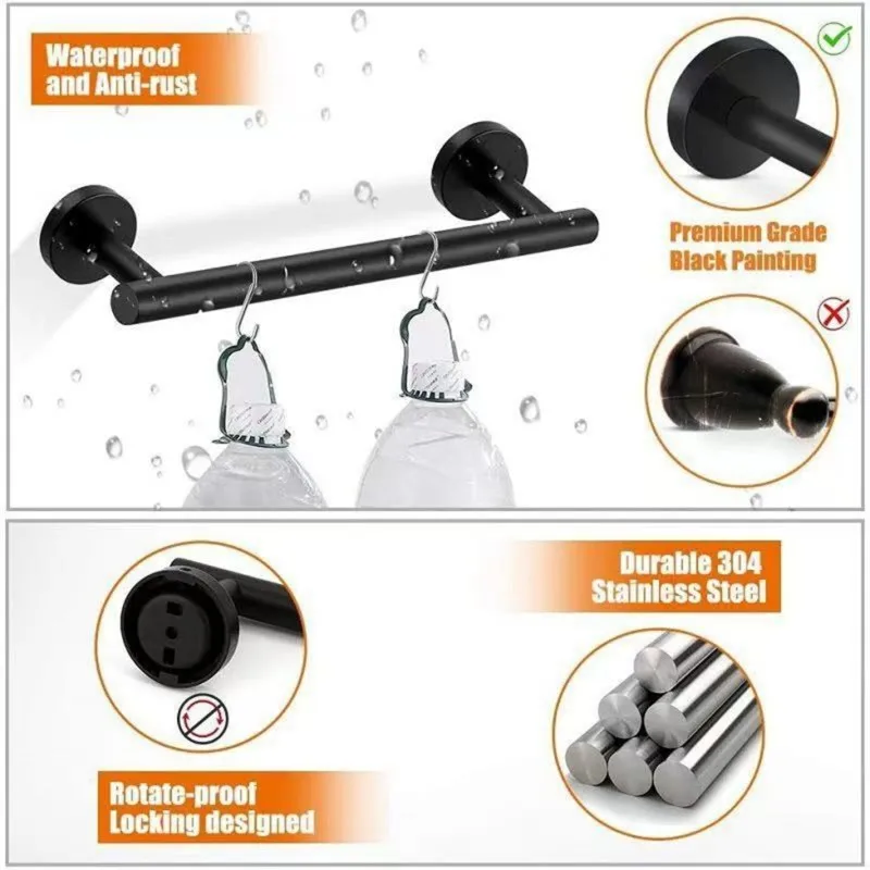 

ABDJ-Bathroom Accessories Set Stainless Steel No-Drill Towel Bar, Hook Tissue Holder-Black