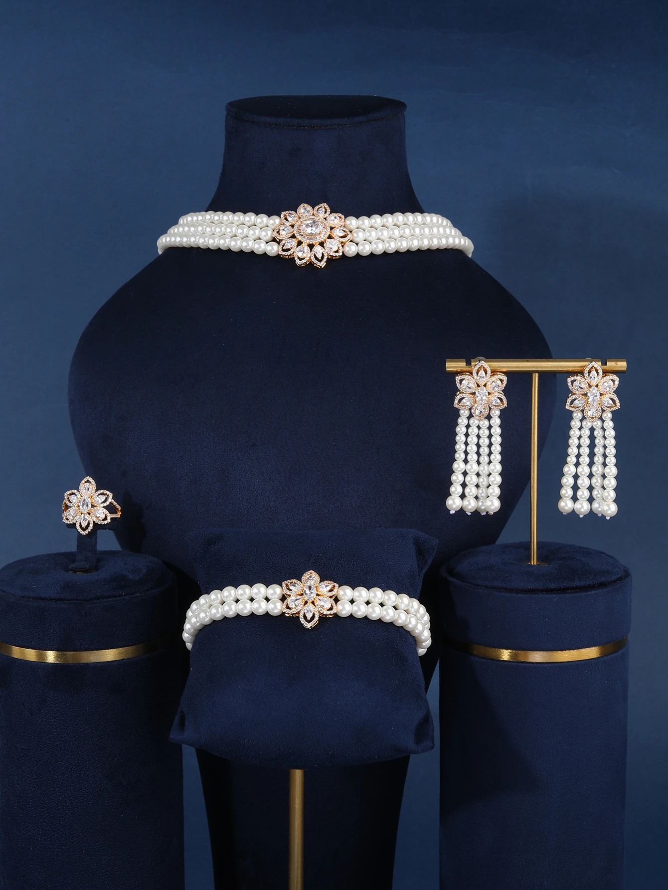 

Jewel Brand Vintage-Inspired Pearl & Crystal Flower Jewelry Set Elegant Choker, Earrings, Bracelet & Ring for Women