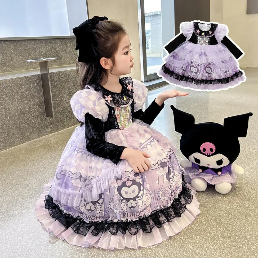 Sanrio Kuromi Girls Lolita Dress Princess Dress Cartoon Cute Spring Autumn Birthday Party Halloween Cosplay Performance Dress