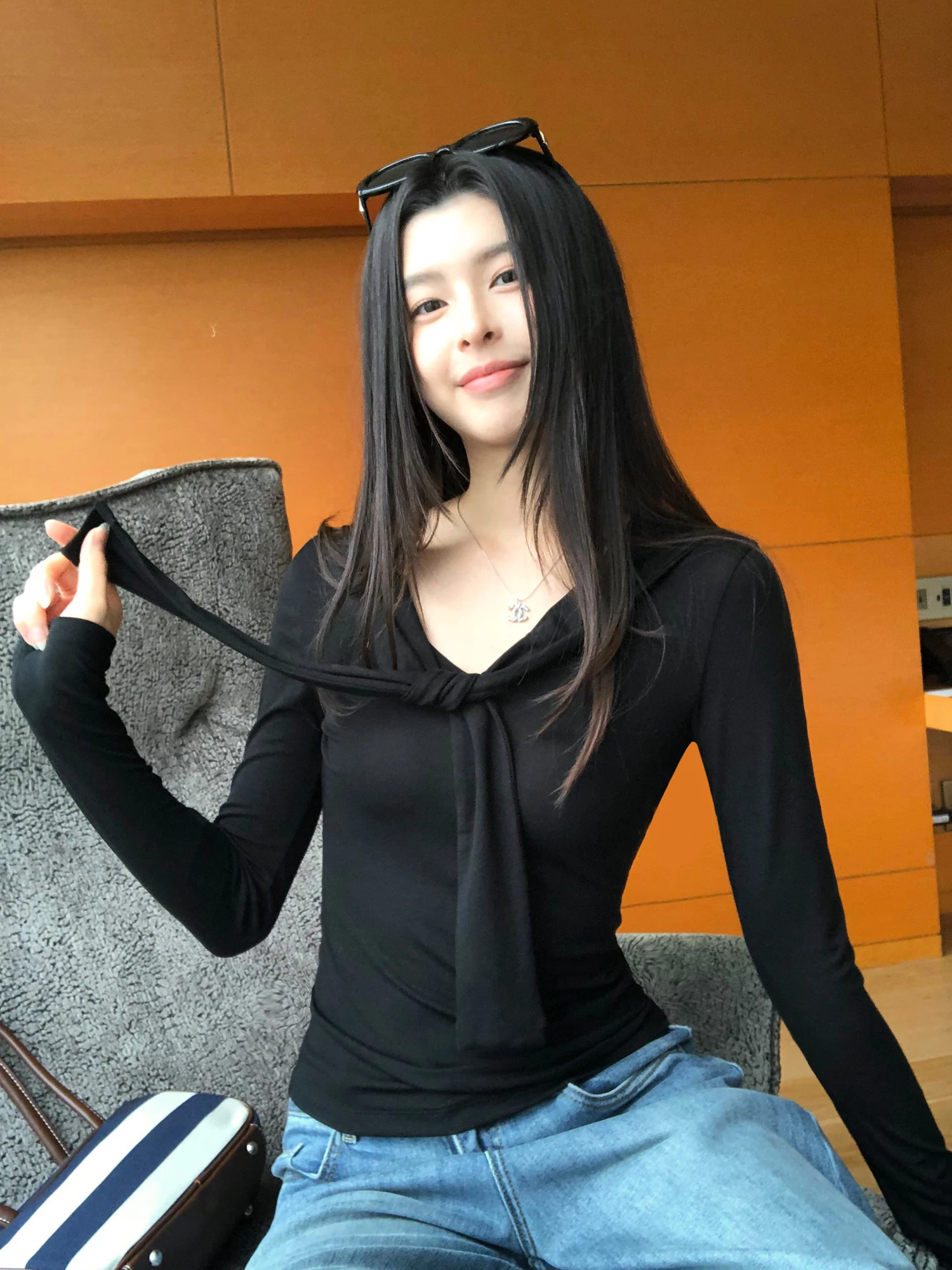 

Pusumede V-Ne Knitwear Long Sve Women's Ele oulder awl Top Casual Sle Fake Two-Piece Ry Fiber Acetate Fiber