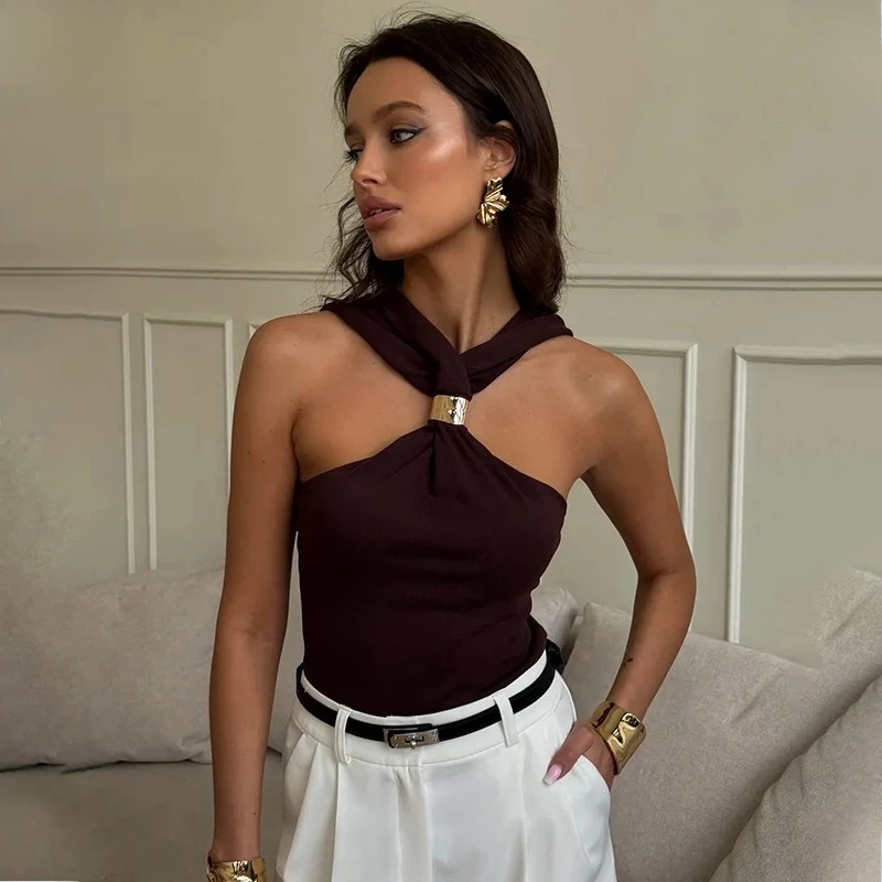 Tornova Sexy Knitted Rib Vest Top Women's Backless Slim Metal Ring Buckle Casual T Shirt 2026 Summer New Party Club Lady Tanks