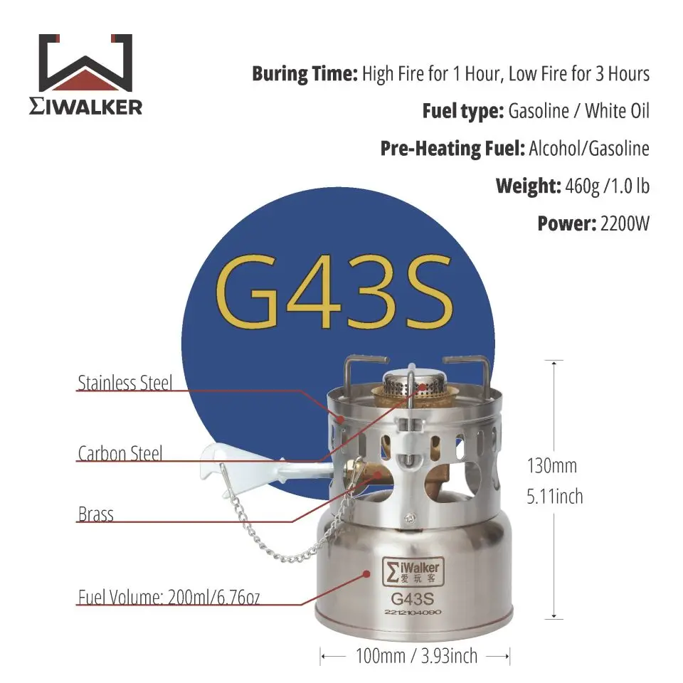 Imagem -05 - Camping Fogão Queimador a Gasolina ao ar Livre Queimador Silencioso para Viagens Piquenique Emergência Iwalker-g43 G43s