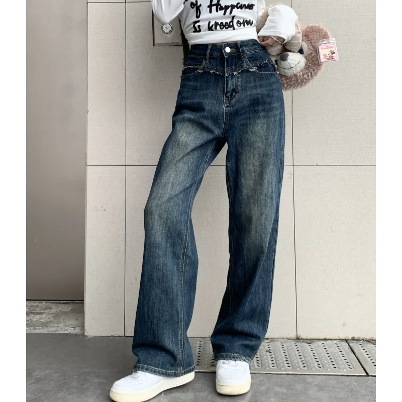 

Women Blue Jeans Vintage Fashion High Waisted Y2K Style Streetwear Wide Leg Jean Female Trouser 2024 Gradient Baggy Denim Pants