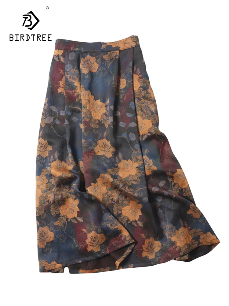 

Birdtree 30MM 100%Mulberry Silk Retro Print Skirt Gambiered Canton Gauze Elegant Half Skirt Spring Summer New Style B383106QC