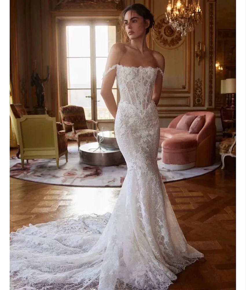 

MCDV Customized Graceful Lace Pearls Beading Mermaid Evening Dress Temperament Strapless Sleeveless Women Wedding Gowns