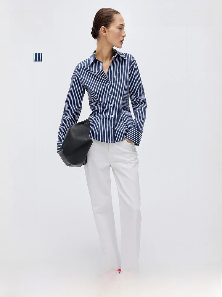 

H&M Women's Slim Fit Shirt High Intelligence Sensation Base Layer Top Button up Cotton Blend Long Sleeve Casual Style