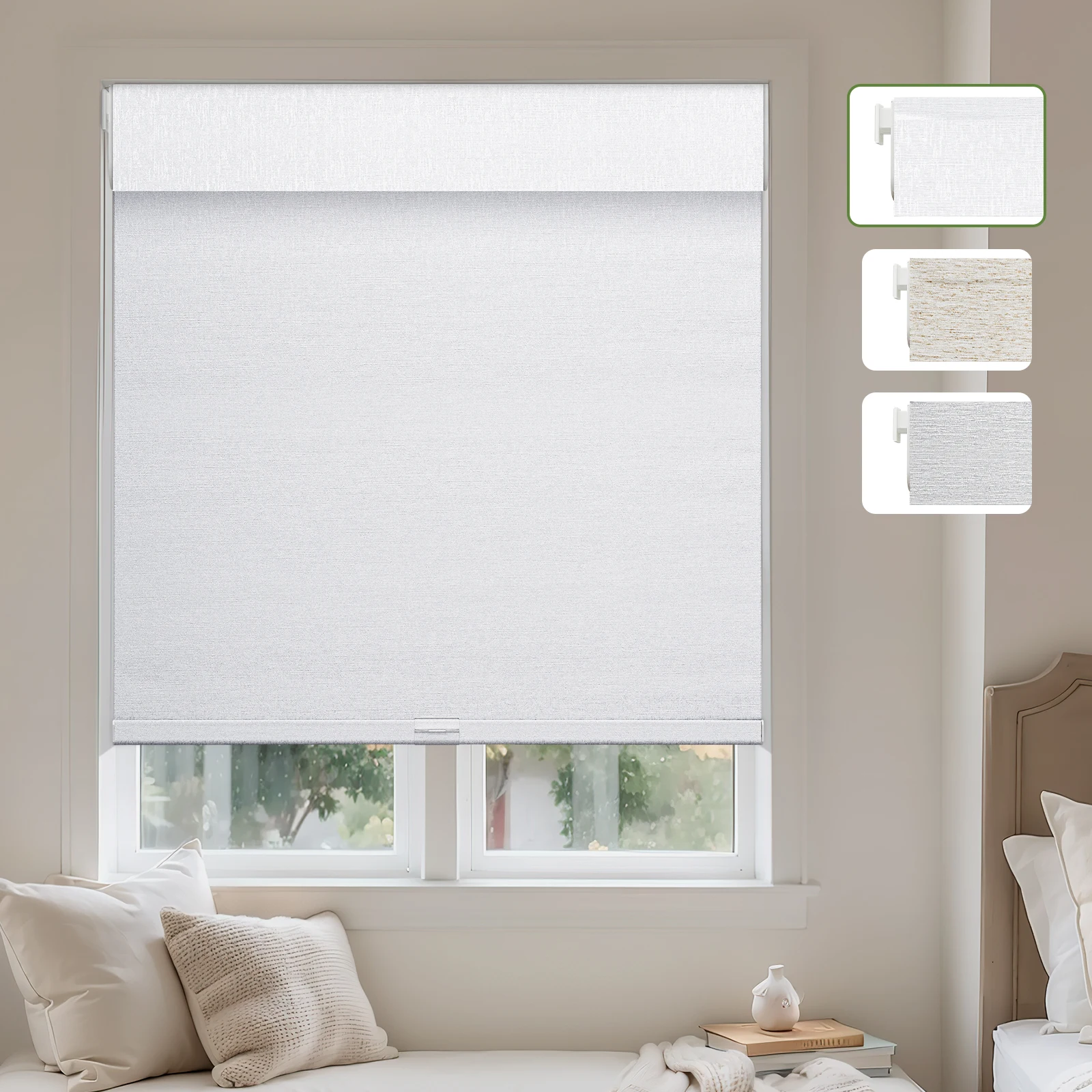 Moonice No Drill No Screws Roller Shades for Windows 100% Blackout Jacquard Fabric-Matched Cordless Roller Windows Blinds