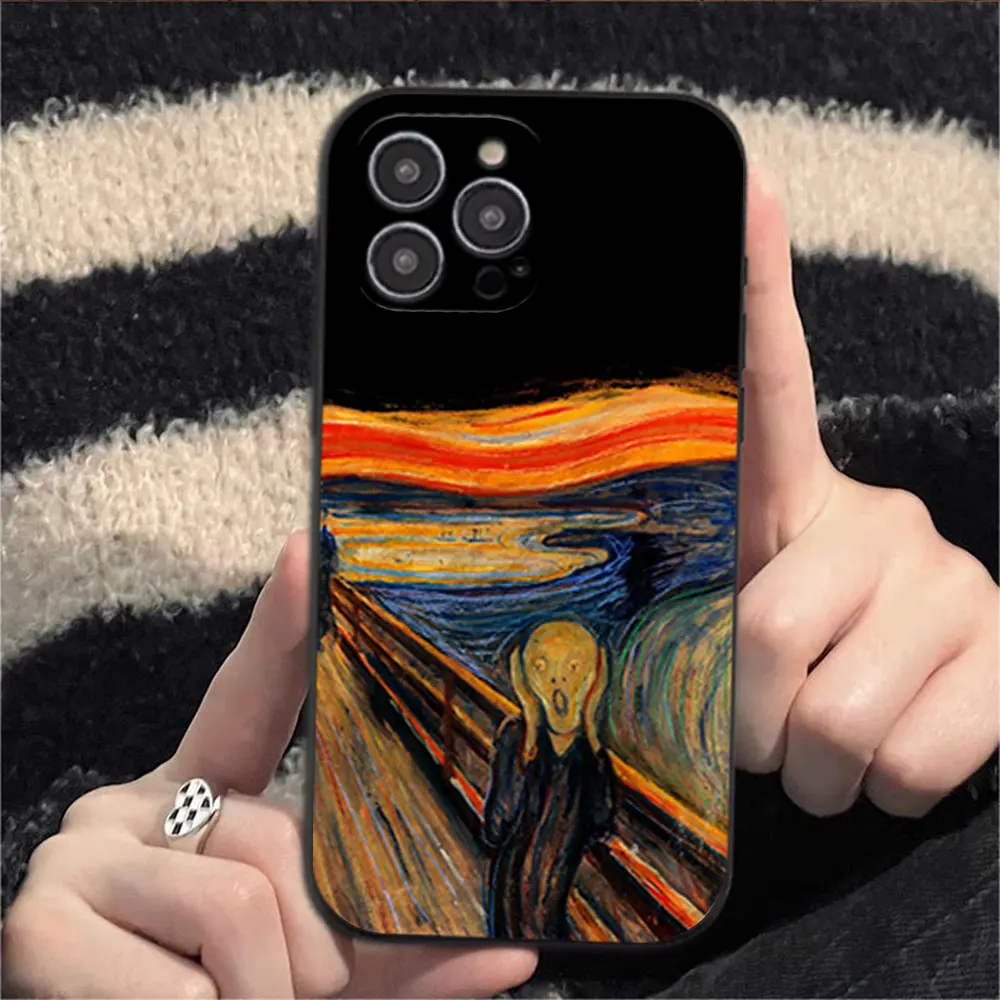 Art Edvard Munch Painter Phone Case for iPhone 12 11 13 14 15 16 Max Pro Plus Black Soft Silicone shell