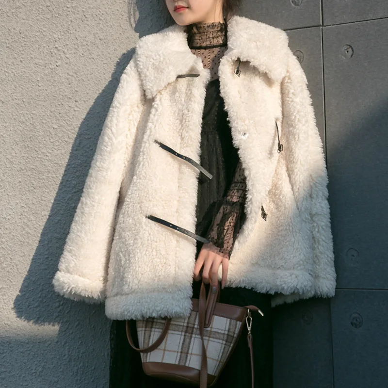 2023 Winter Lamb Wool Coat Women's Plush Thickened Warm White Jackets