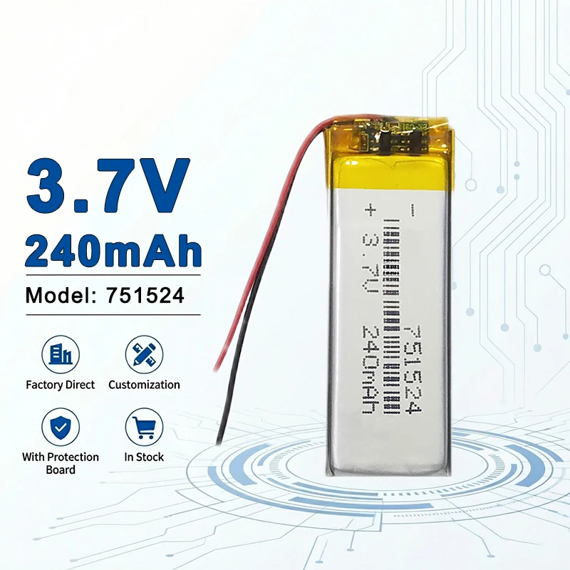 751524 3.7V 240mAh Solid State Battery (500-Cycle) for Power Tools Electric Vehicles & Mini Electronics 751525 801350 801426