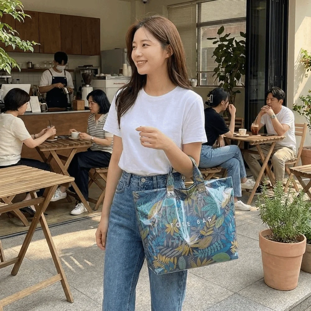 

Durable Leaf Print Clear Top Handle Handbag Water Resistant Magnetic Clasp PVC Tote Bag Easy Clean Large Capacity Beach Bag Work