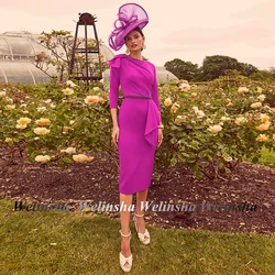Fuchsia Mother of The Bride Dress for Mom of Groom 3/4 Sleeves Beading Knee Length Short Wedding Guest Gown Party Dresses