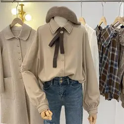 Autumn Korean Fashion Harajuku Vintage Korean Style Casual  Bow Tie Long Sleeve Shirts Women Blouses Sweet Popular Clothes Tops