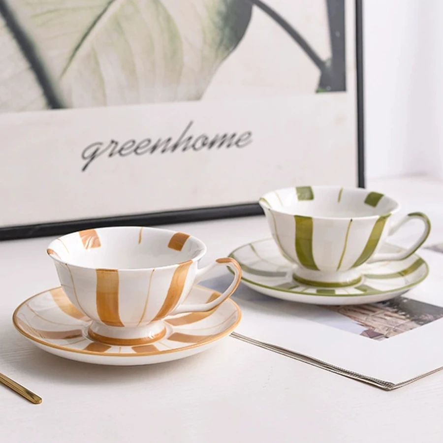 Nordic Cup and Saucer Hand-painted striped coffee cup & dish, High Appearance level Water Cup, Creative Ceramic Drinkware Cups