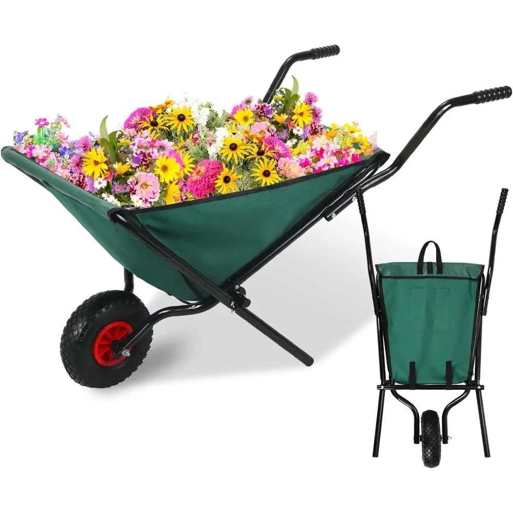 Collapsible Wheelbarrow 176 lbs Folding Yard Garden Wheelbarrow Foldable Lightweight Gardening Heavy Duty Oxford Cloth Green