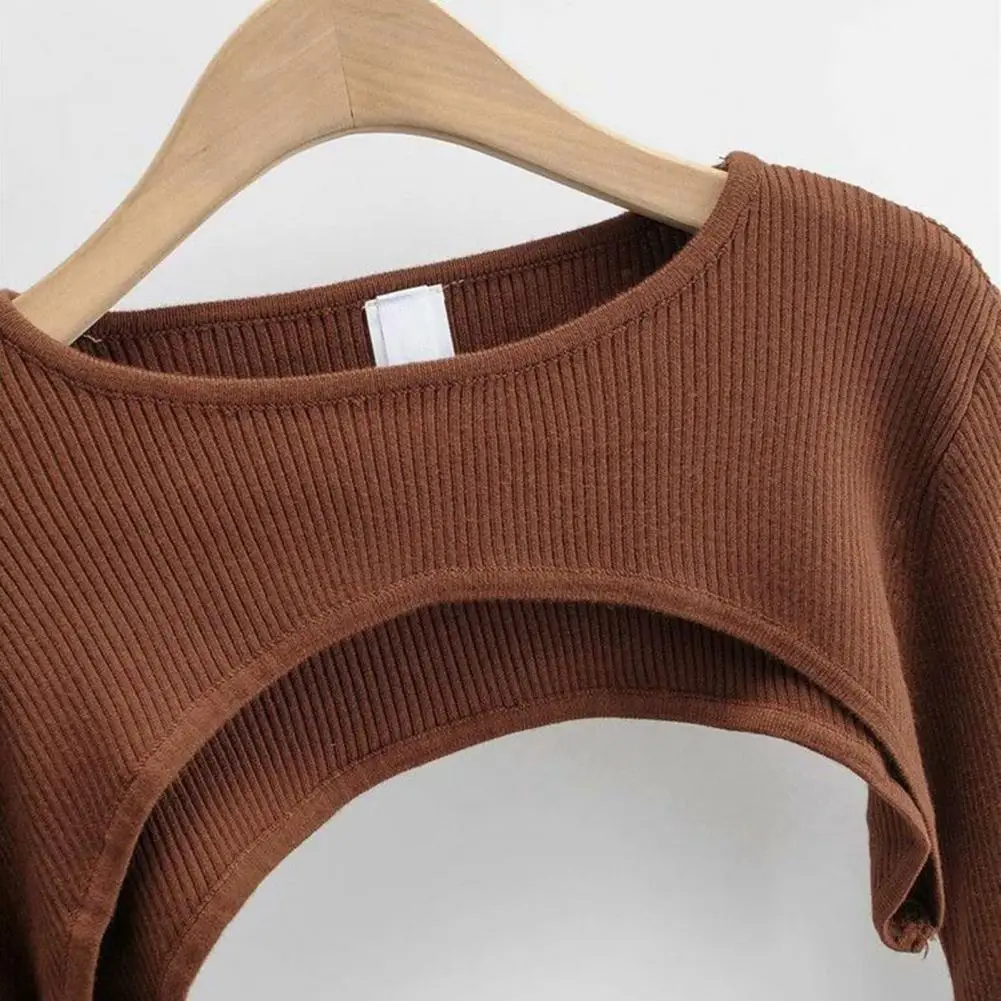 

Lady Knitted Top Stylish Women's Long Sleeve Crop Top with Matching Cover-up Soft Knitted T-shirt Round Neck Solid Color