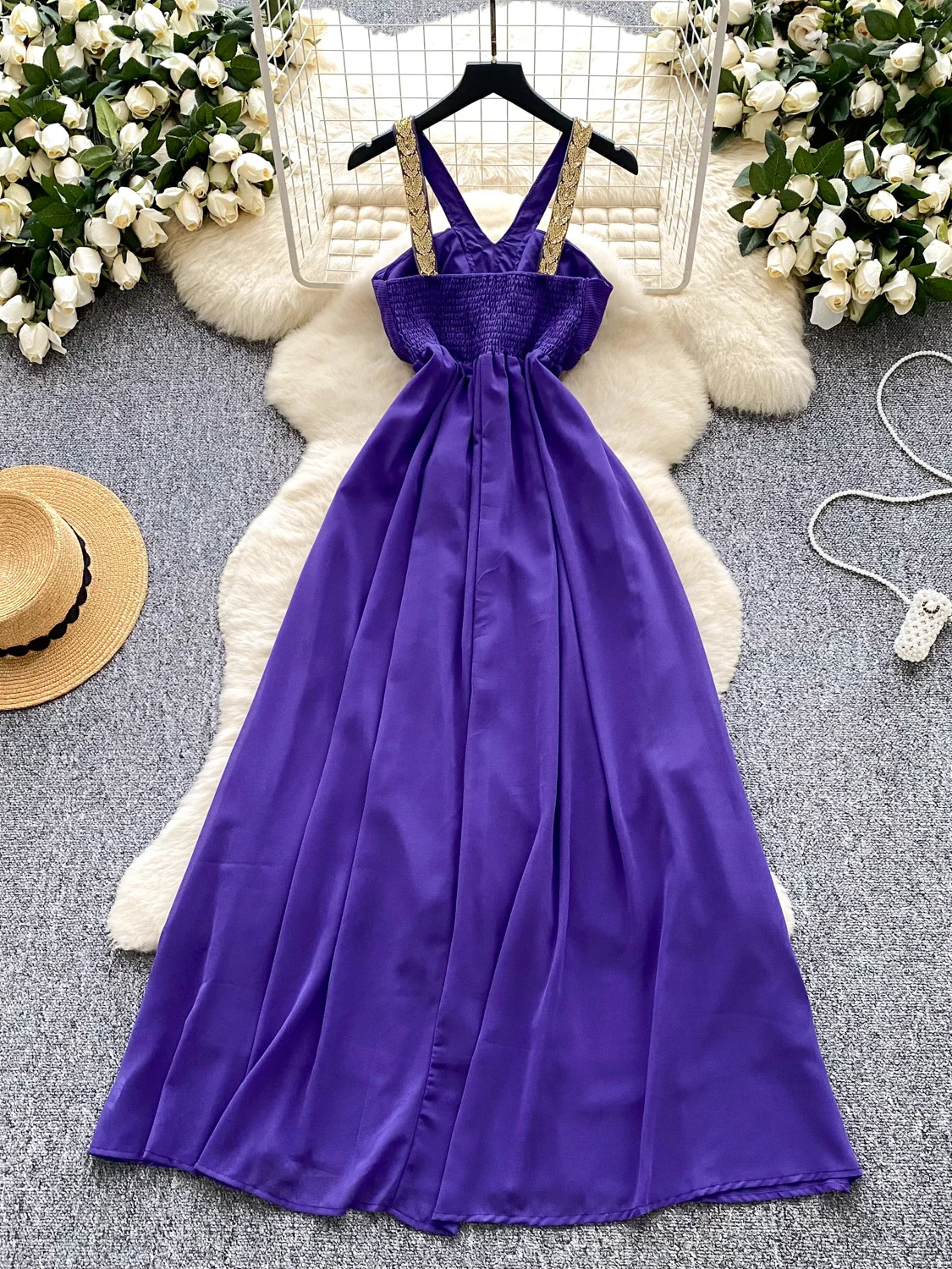 Estate Viola Dr Donna Lusso Perline Ricamate Paillettes ter Ne Strapl Vita Cinched Bal Abito Coreano Sle