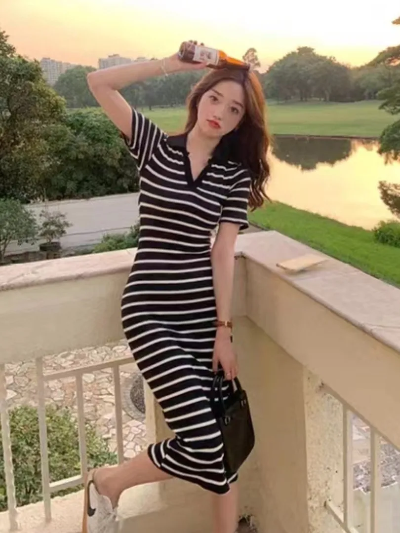 Zomer Dr Dames Casual Gebreid Slim Fit Reizen Vrije tijd Rok Gestreept Lang Dr Sexy Lady Sle f Open Kraag