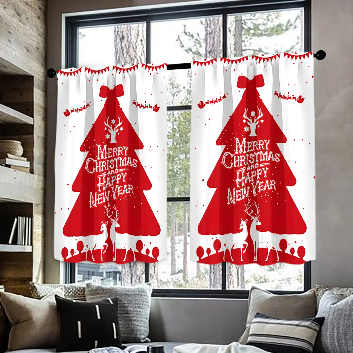 VIKAMA Christmas Kitchen Window Valance Curtain Waterproof Oil Proof Short Tier Set