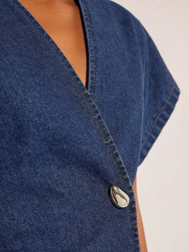 UOOZEE 2026 New Women Fashion Imitation Denim Raglan Sleeve V-Neck Blouses Asymmetrical Hem Single Button Elegant Casual Tops view 6