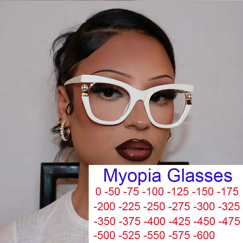 Customized Prescription Myopia Glasses Elegant Pearl Cat Eye Woman's Eyeglasses Anti Blue Light Fashion Near Sighted Glasses -2