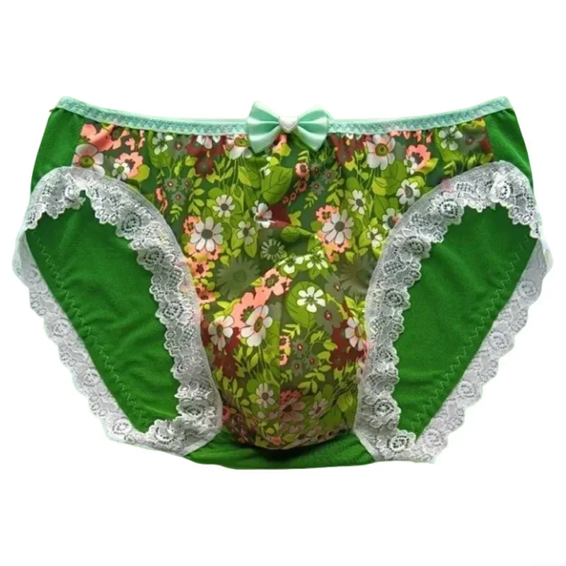 

Мужские зеленые кружевные мягкие шелковистые трусы с цветочным принтом на ощупь, трусики с низкой талией и бантом, сексуальные костюмы для DJ Club, частная вечеринка BF