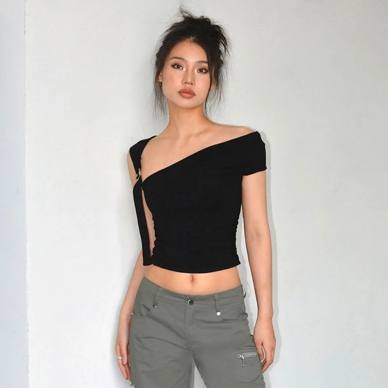 Europe United States women's summer solid color casual oblique shoulder single shoulder back with crop slim short blouse woman