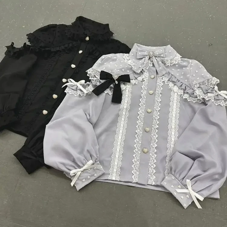 

Japanese Sweet Lace Bow Off-Shoulder Versatile Tops Spring Autumn New Mine Series Mass Production Original Long Sleeve Shirt