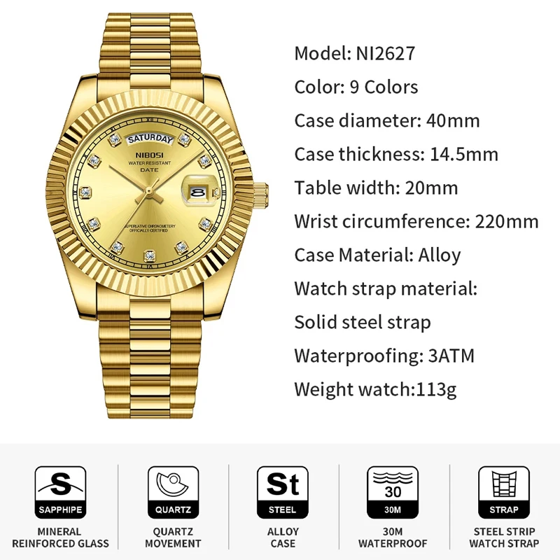 NIBOSI Luxury Gold Quartz Watch Men Stainless Steel Waterproof Luminous Date Week Fashion Diamond Mens Watches Relogio Masculino