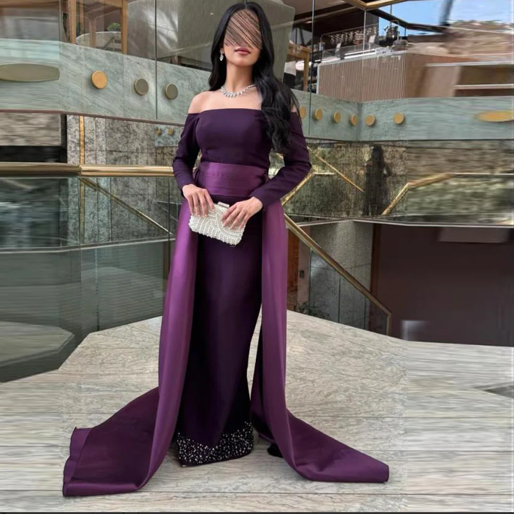 

Customized Off the Shoulder Evening Dresses with Detachable Train Beaded Mermaid robes de soirée Cap Sleeve Satin Purple Gown