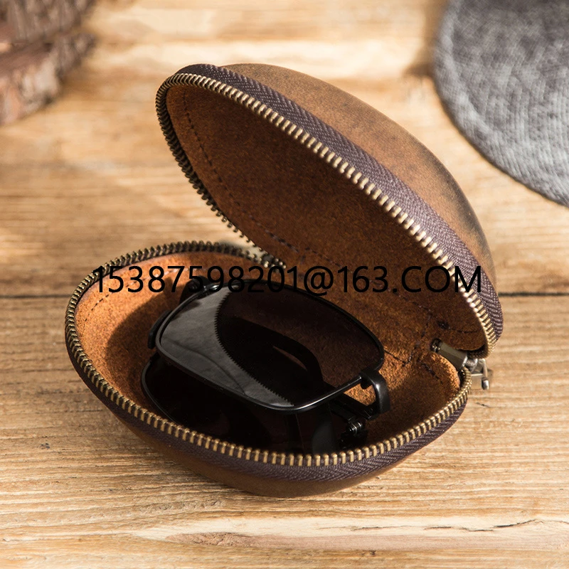 Vintage Cow Leather Protable Folding Sunglasses Protector Travel Pack Pouch Glasses Case Zipper Box Hard Eyewear